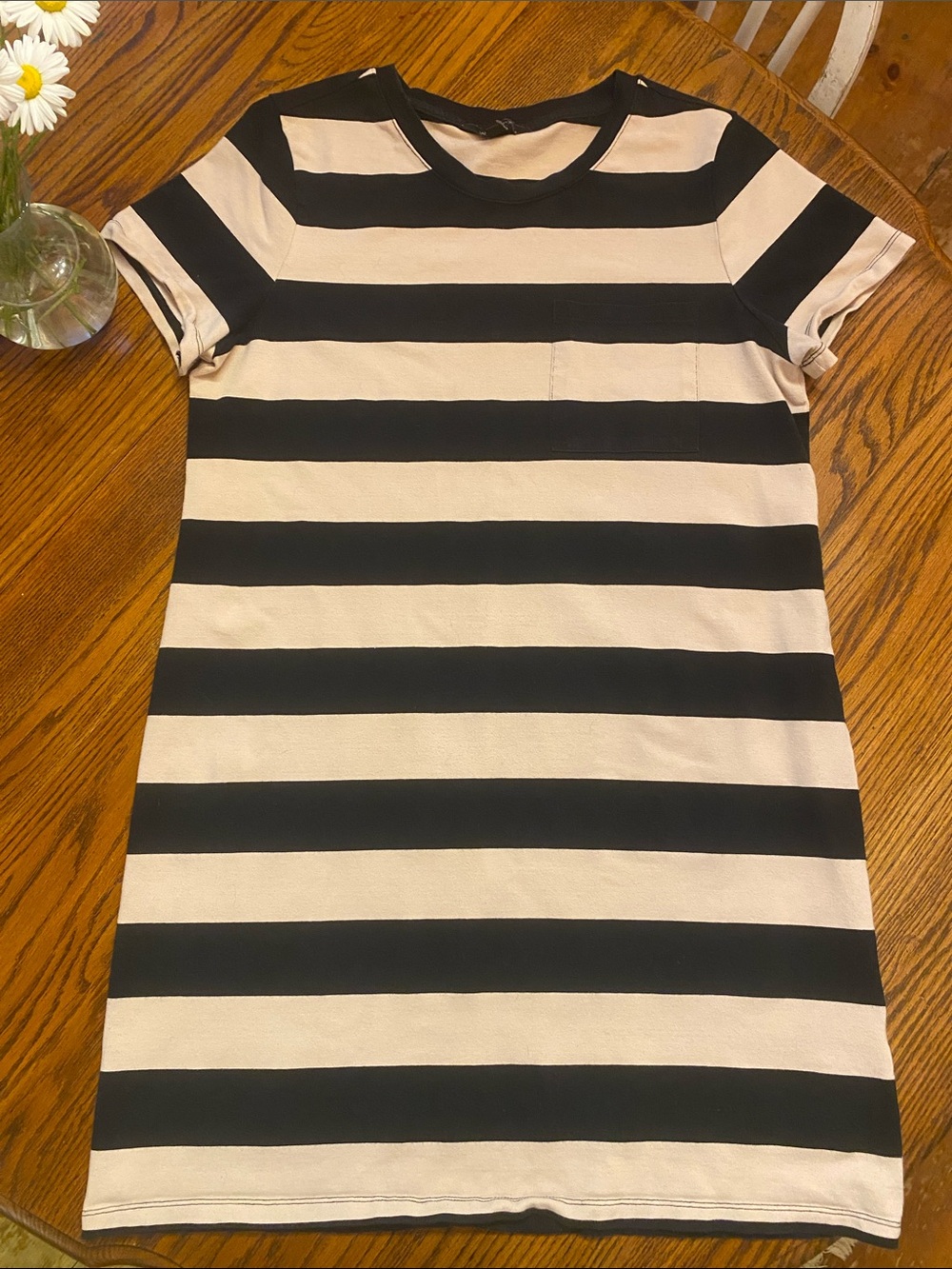 Banana Republic Black and Cream Striped Short Sleeve Shift Dress